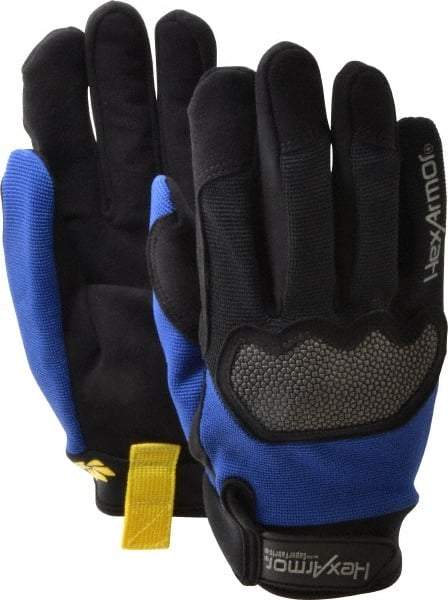 HexArmor - Size M (8), ANSI Cut Lvl A6, Puncture Lvl 3, Synthetic Leather Cut & Puncture Resistant Gloves - Hook & Loop Cuff, Black/Blue, Paired - Americas Industrial Supply