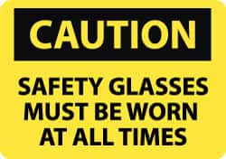 NMC - "Caution - Safety Glasses Must Be Worn at All Times", 10" Long x 14" Wide, Pressure-Sensitive Vinyl Safety Sign - Rectangle, 0.004" Thick, Use for Accident Prevention - Americas Industrial Supply