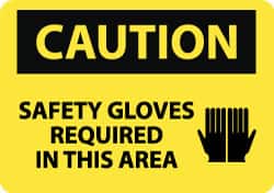 NMC - "Caution - Safety Gloves Required in This Area", 10" Long x 14" Wide, Pressure-Sensitive Vinyl Safety Sign - Rectangle, 0.004" Thick, Use for Accident Prevention - Americas Industrial Supply