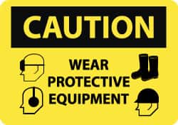 NMC - "Caution - Wear Protective Equipment", 10" Long x 14" Wide, Rigid Plastic Safety Sign - Rectangle, 0.05" Thick, Use for Accident Prevention - Americas Industrial Supply