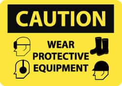 NMC - "Caution - Wear Protective Equipment", 10" Long x 14" Wide, Pressure-Sensitive Vinyl Safety Sign - Rectangle, 0.004" Thick, Use for Accident Prevention - Americas Industrial Supply