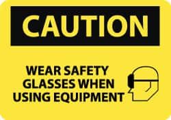 NMC - "Caution - Wear Safety Glasses When Using Equipment", 10" Long x 14" Wide, Pressure-Sensitive Vinyl Safety Sign - Rectangle, 0.004" Thick, Use for Accident Prevention - Americas Industrial Supply