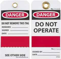 NMC - 3" High x 6" Long, DANGER - DO NOT OPERATE, English Safety & Facility Accident Prevention Tag - Tag Header: Danger, 2 Sides, Black, Red & White Unrippable Vinyl - Americas Industrial Supply