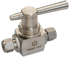 Ham-Let - 1/4" Pipe, FNPT x FNPT End Connections, Stainless Steel, Inline, Two Way Flow, Instrumentation Ball Valve - 3,000 psi WOG Rating, Tee Handle, PTFE Seal, PTFE Seat, Swaglok SS-43F4 - Americas Industrial Supply