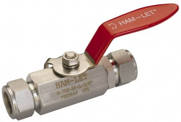 Ham-Let - 1" Pipe, Compression x Compression End Connections, Stainless Steel, Inline, Two Way Flow, Instrumentation Ball Valve - 2,000 psi WOG Rating, Locking Lever Handle, Reinforced PTFE Seal, Reinforced PTFE Seat - Americas Industrial Supply