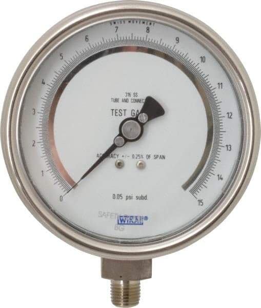 Wika - 4" Dial, 1/4 Thread, 0-15 Scale Range, Pressure Gauge - Lower Connection Mount, Accurate to 0.25% of Scale - Americas Industrial Supply