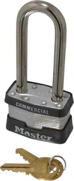 Master Lock - 2-1/2" Shackle Clearance, Keyed Different Padlock - 3/4" Shackle Width, 5/16" Shackle Diam, Laminated Steel - Americas Industrial Supply