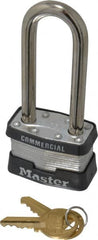 Master Lock - 2-1/2" Shackle Clearance, Keyed Different Padlock - 3/4" Shackle Width, 5/16" Shackle Diam, Laminated Steel - Americas Industrial Supply