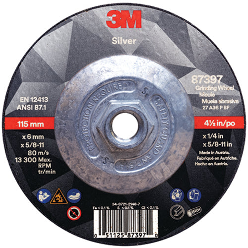 ‎3M Silver Depressed Center Grinding Wheel 87397 T27 Quick Change 4.5″ × 1/4″ × 5/8-11 - Americas Industrial Supply