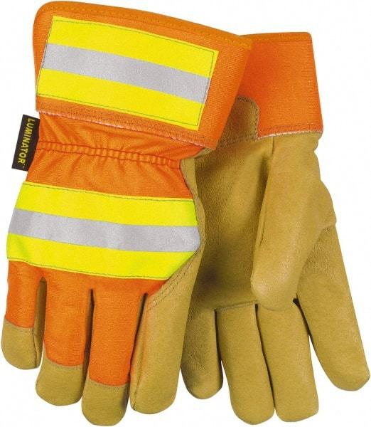 MCR Safety - Size S Pigskin General Protection Work Gloves - For General Purpose, Uncoated, Safety Cuff, Tan/Hi-Vis Orange, Paired - Americas Industrial Supply