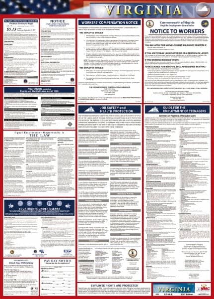 NMC - 24" Wide x 40" High Laminated Paper Labor Law Information Poster - Virginia Jurisdiction, 0.03" Thick, English - Americas Industrial Supply