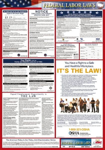 NMC - 24" Wide x 40" High Laminated Paper Labor Law Information Poster - Federal Jurisdiction, 0.03" Thick, English - Americas Industrial Supply