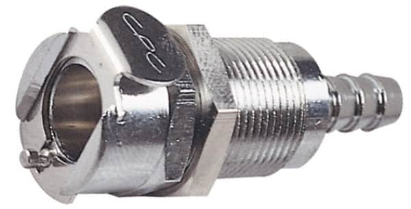 CPC Colder Products - 3/8" Inside Tube Diam, Brass, Quick Disconnect, Hose Barb Valved Panel Mount Coupling Body - 250 Max psi, -40 to 180°F, 1.87" OAL x 0.89" Overall Height, Chrome Plated - Americas Industrial Supply