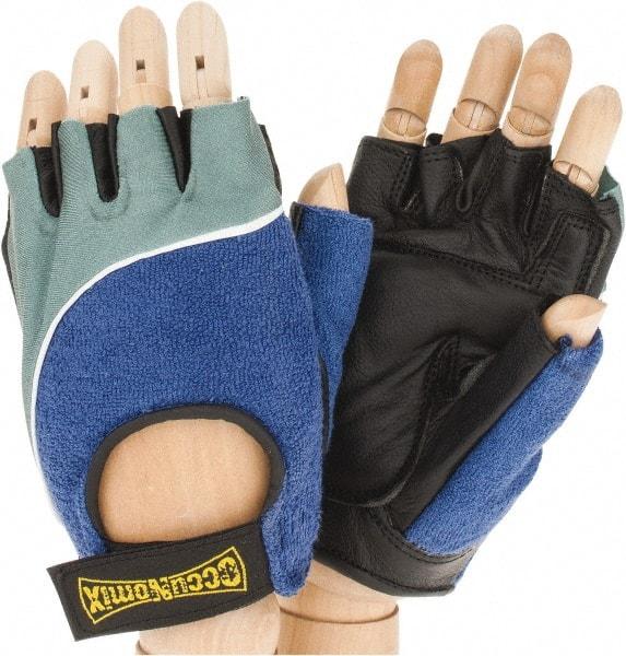 OccuNomix - Size M (8) Leather Anti-Vibration/Impact Protection Work Gloves - For General Purpose, Uncoated, Hook & Loop Cuff, Half Fingered, Black/Blue/Gray, Paired - Americas Industrial Supply