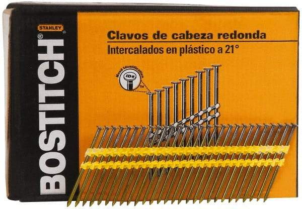 Stanley Bostitch - 0.12" Shank Diam 3" Long Framing Nails for Power Nailers - Plastic, Bright Finish, Smooth Shank, Angled Stick Plastic Collation, Round Head, Diamond Point - Americas Industrial Supply