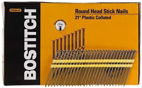 Stanley Bostitch - 0.12" Shank Diam 3-1/4" Long Framing Nails for Power Nailers - Plastic, Bright Finish, Smooth Shank, Angled Stick Plastic Collation, Round Head, Diamond Point - Americas Industrial Supply