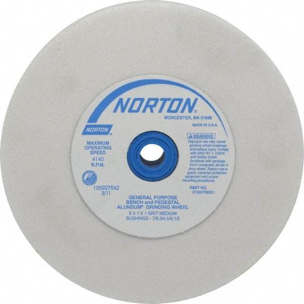 Norton - 60 Grit Aluminum Oxide Bench & Pedestal Grinding Wheel - 6" Diam x 1" Hole x 1" Thick, 4140 Max RPM, J Hardness, Medium Grade , Vitrified Bond - Americas Industrial Supply