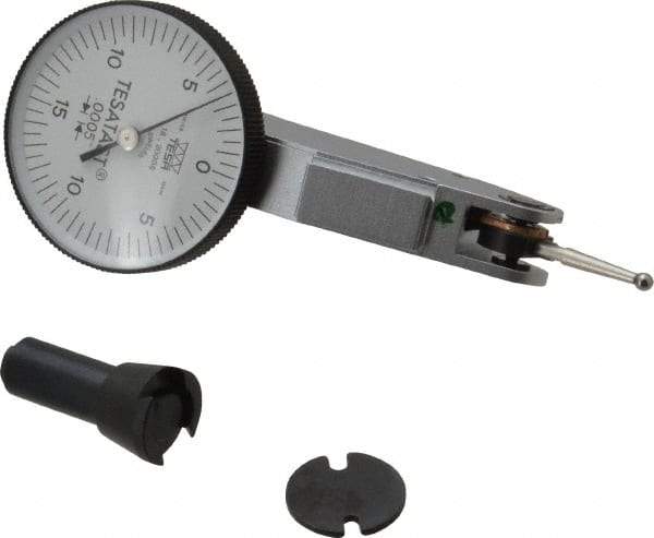 TESA Brown & Sharpe - 0.008 Inch Range, 0 Inch Dial Graduation, Horizontal Dial Test Indicator - 1-1/2 Inch White Dial, 0-4-0 Dial Reading, Accurate to 0.0001 Inch - Americas Industrial Supply