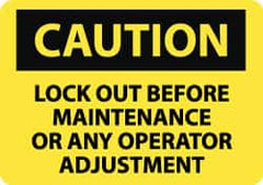 NMC - "Caution - Lock Out Before Maintenance or Any Operator Adjustment", 10" Long x 14" Wide, Pressure-Sensitive Vinyl Safety Sign - Rectangle, 0.004" Thick, Use for Accident Prevention - Americas Industrial Supply