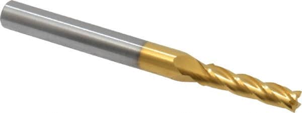 Hertel - 9/64", 1/2" LOC, 3/16" Shank Diam, 2" OAL, 4 Flute, Solid Carbide Square End Mill - Single End, TiN Finish, Spiral Flute, 30° Helix, Centercutting, Right Hand Cut, Right Hand Flute - Americas Industrial Supply