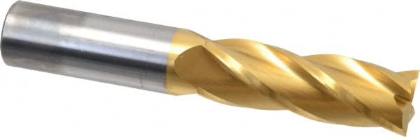 Hertel - 1", 3" LOC, 1" Shank Diam, 6" OAL, 4 Flute, Solid Carbide Square End Mill - Single End, TiN Finish, Spiral Flute, 30° Helix, Centercutting, Right Hand Cut - Americas Industrial Supply