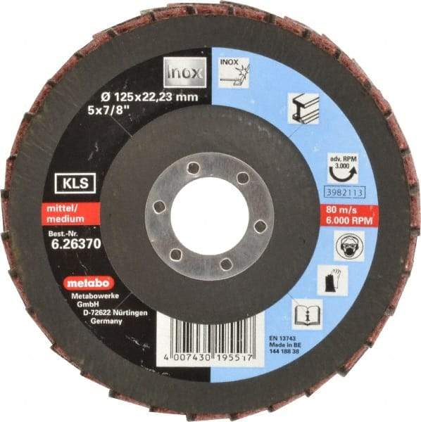 Metabo - 120 Grit, 5" Disc Diam, 7/8" Center Hole, Type 27 Aluminum Oxide Flap Disc - 12,200 Max RPM, Nylon Backing, Coated & Non-Woven Combo - Americas Industrial Supply