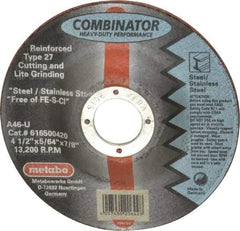 Metabo - 4-1/2" Zirconia Alumina Cutoff Wheel - 5/64" Thick, 7/8" Arbor, Use with Angle Grinders - Americas Industrial Supply