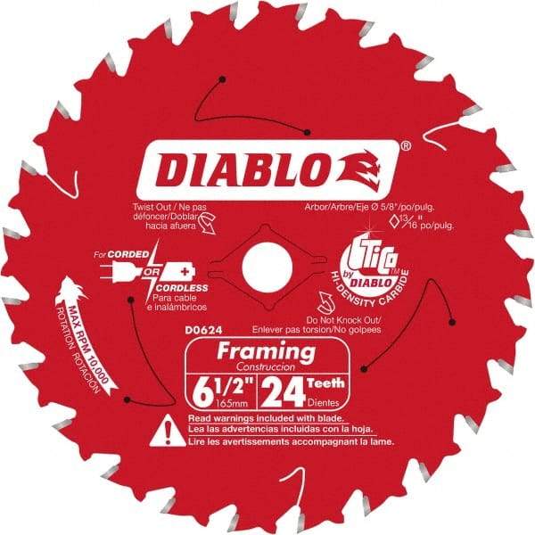 Freud - 6-1/2" Diam, 5/8" Arbor Hole Diam, 24 Tooth Wet & Dry Cut Saw Blade - Carbide-Tipped, Standard Round Arbor - Americas Industrial Supply