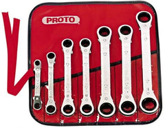 Proto - 7 Piece, 7mm to 21mm, 6, 12 Point Ratcheting Box Wrench Set - Metric Measurement Standard, Chrome Finish, Comes in Pouch - Americas Industrial Supply