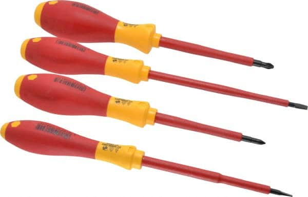 Wiha - 4 Piece Phillips & Slotted Screwdriver Set - Round Shank, Insulated Handle, Bit Sizes: Philips #1 & #2, Tip Thickness: 3/16 & 9/16 - Americas Industrial Supply