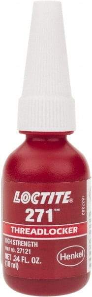 Loctite - 10 mL Bottle, Red, High Strength Liquid Threadlocker - Series 271, 24 hr Full Cure Time, Hand Tool, Heat Removal - Americas Industrial Supply