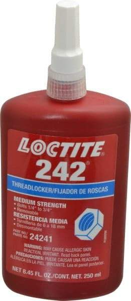 Loctite - 250 mL Bottle, Blue, Medium Strength Liquid Threadlocker - Series 242, 24 hr Full Cure Time, Hand Tool, Heat Removal - Americas Industrial Supply