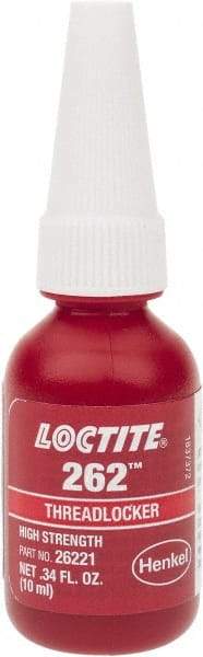 Loctite - 10 mL Bottle, Red, High Strength Liquid Threadlocker - Series 262, 24 hr Full Cure Time, Hand Tool, Heat Removal - Americas Industrial Supply