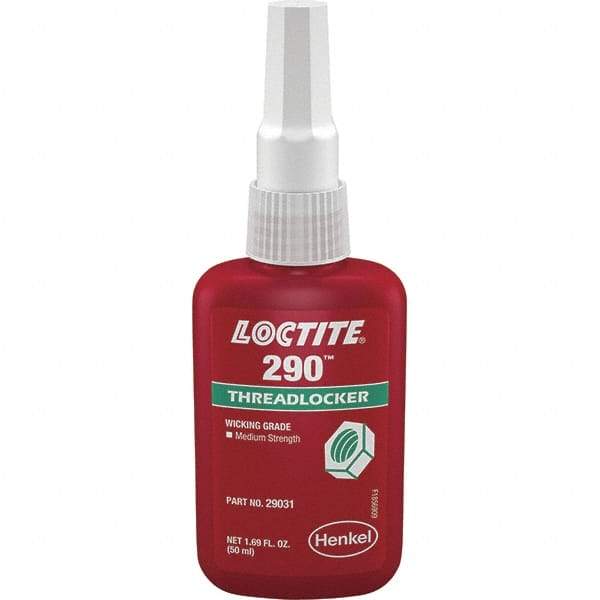 Loctite - 50 mL Bottle, Green, Medium Strength Liquid Threadlocker - Series 290, 24 hr Full Cure Time, Hand Tool, Heat Removal - Americas Industrial Supply