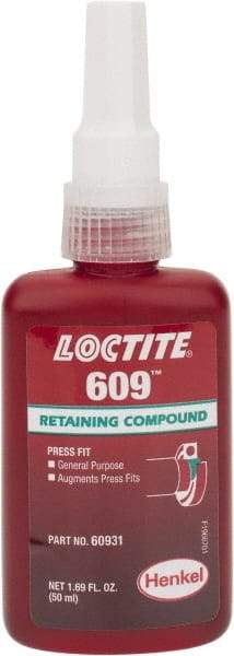 Loctite - 50 mL Bottle, Green, Medium Strength Liquid Retaining Compound - Series 609, 24 hr Full Cure Time, Heat Removal - Americas Industrial Supply