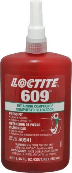 Loctite - 250 mL Bottle, Green, Medium Strength Liquid Retaining Compound - Series 609, 24 hr Full Cure Time, Heat Removal - Americas Industrial Supply