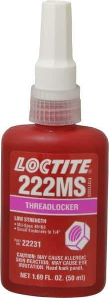 Loctite - 50 mL Bottle, Purple, Low Strength Liquid Threadlocker - Series 222MS, 24 hr Full Cure Time, Hand Tool, Heat Removal - Americas Industrial Supply