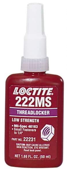 Loctite - 250 mL Bottle, Purple, Low Strength Liquid Threadlocker - Series 222MS, 24 hr Full Cure Time, Hand Tool, Heat Removal - Americas Industrial Supply