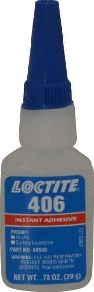 Loctite - 0.70 oz Bottle Clear Instant Adhesive - Series 406, 15 sec Fixture Time, 24 hr Full Cure Time, Bonds to Plastic & Rubber - Americas Industrial Supply