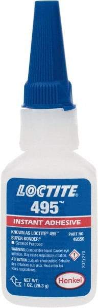 Loctite - 1 oz Bottle Clear Instant Adhesive - Series 495, 20 sec Fixture Time, 24 hr Full Cure Time, Bonds to Metal, Plastic & Rubber - Americas Industrial Supply