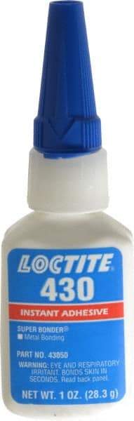 Loctite - 1 oz Bottle Clear Instant Adhesive - Series 430, 30 sec Fixture Time, 24 hr Full Cure Time, Bonds to Metal, Plastic & Rubber - Americas Industrial Supply