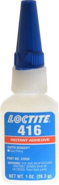Loctite - 1 oz Bottle Clear Instant Adhesive - Series 416, 30 sec Fixture Time, 24 hr Full Cure Time, Bonds to Metal, Plastic & Rubber - Americas Industrial Supply