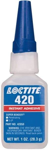 Loctite - 1 oz Bottle Clear Instant Adhesive - Series 420, 20 sec Fixture Time, 24 hr Full Cure Time, Bonds to Metal, Plastic & Rubber - Americas Industrial Supply