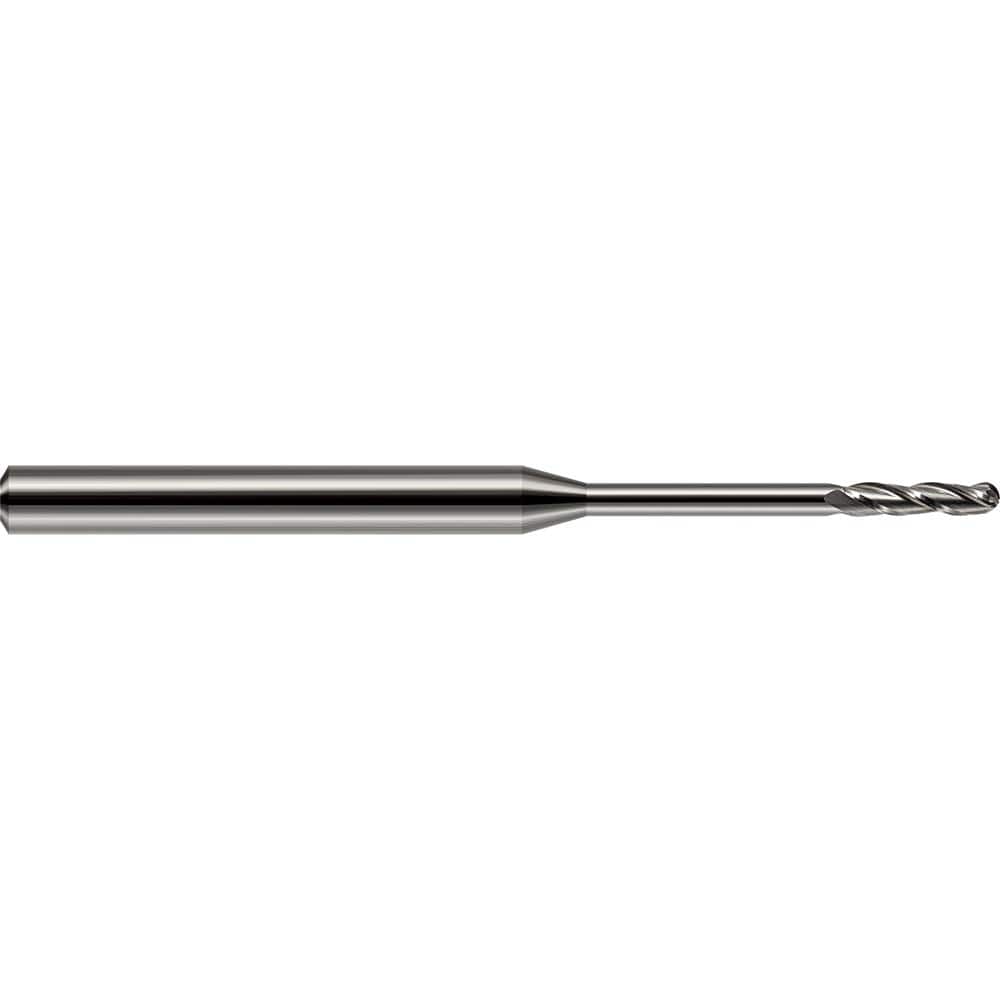 Ball End Mill: 0.05″ Dia, 0.3″ LOC, 3 Flute, Solid Carbide 2-1/2″ OAL, 1/8″ Shank Dia, 30 ° Helix, Uncoated, Single End