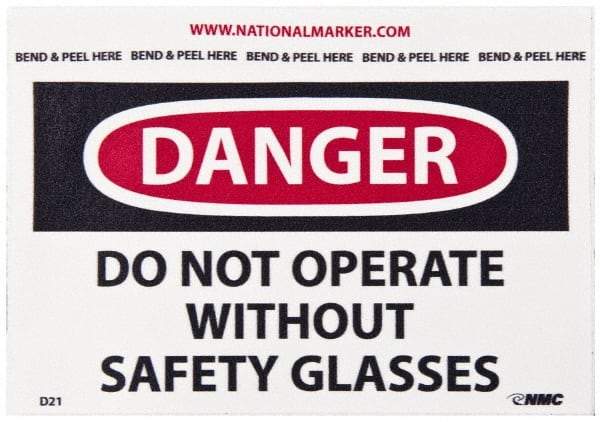 NMC - Accident Prevention Label, Header: DANGER - Legend: Danger - Do Not Operate without Safety Glasses, English, Red, Black & White, 5" Long x 3" High, Sign Muscle Finish - Americas Industrial Supply