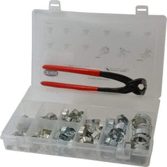 Oetiker - 124 Piece, 5/16 to 1" Diam, 2-Ear Service Clamp Kit - 123 Clamps & 1 Zinc Plated Side Jaw Pincers - Americas Industrial Supply