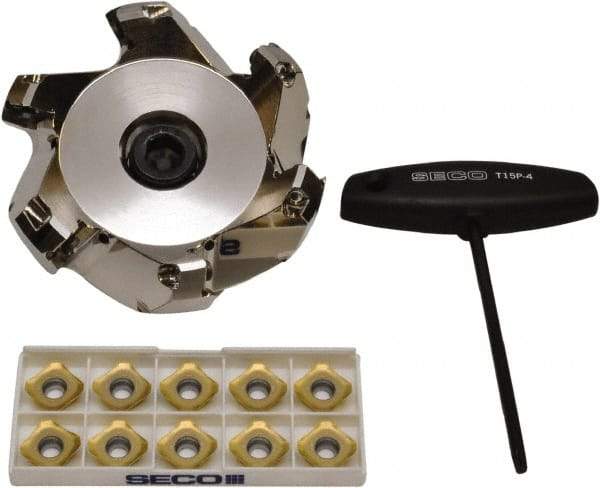 Seco - 3.7" Cut Diam, 1" Arbor Hole, 0.236" Max Depth of Cut, 45° Indexable Chamfer & Angle Face Mill - 6 Inserts, SE.X 43 Insert, Right Hand Cut, 6 Flutes, Through Coolant, Series R220.53 - Americas Industrial Supply