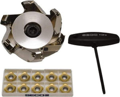 Seco - 3.7" Cut Diam, 1" Arbor Hole, 0.236" Max Depth of Cut, 45° Indexable Chamfer & Angle Face Mill - 6 Inserts, SE.X 43 Insert, Right Hand Cut, 6 Flutes, Through Coolant, Series R220.53 - Americas Industrial Supply