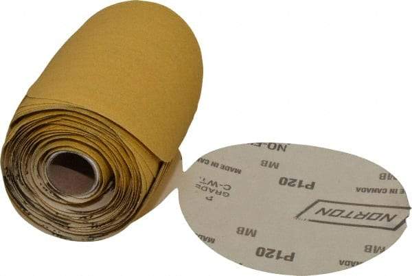 Norton - 5" Diam, 120 Grit Aluminum Oxide Adhesive PSA Disc - Medium Grade, Gold, C Weighted Backing, Flexible - Americas Industrial Supply