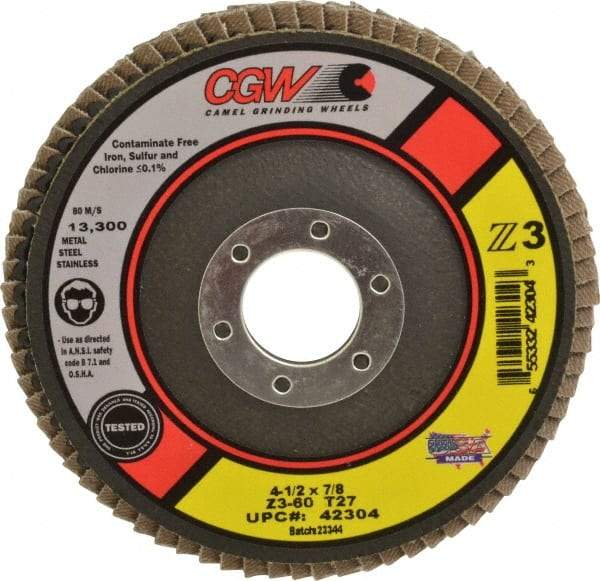 Camel Grinding Wheels - 60 Grit, 4-1/2" Disc Diam, 7/8" Center Hole, Type 27 Zirconia Alumina Flap Disc - 13,300 Max RPM, Poly Cotton Backing, Arbor Attaching System, Coated - Americas Industrial Supply